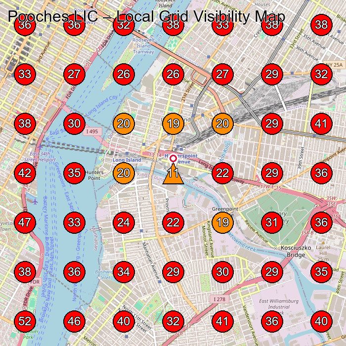 Pooches LIC GeoGrid visibility map for Animal Hospital in Long Island City